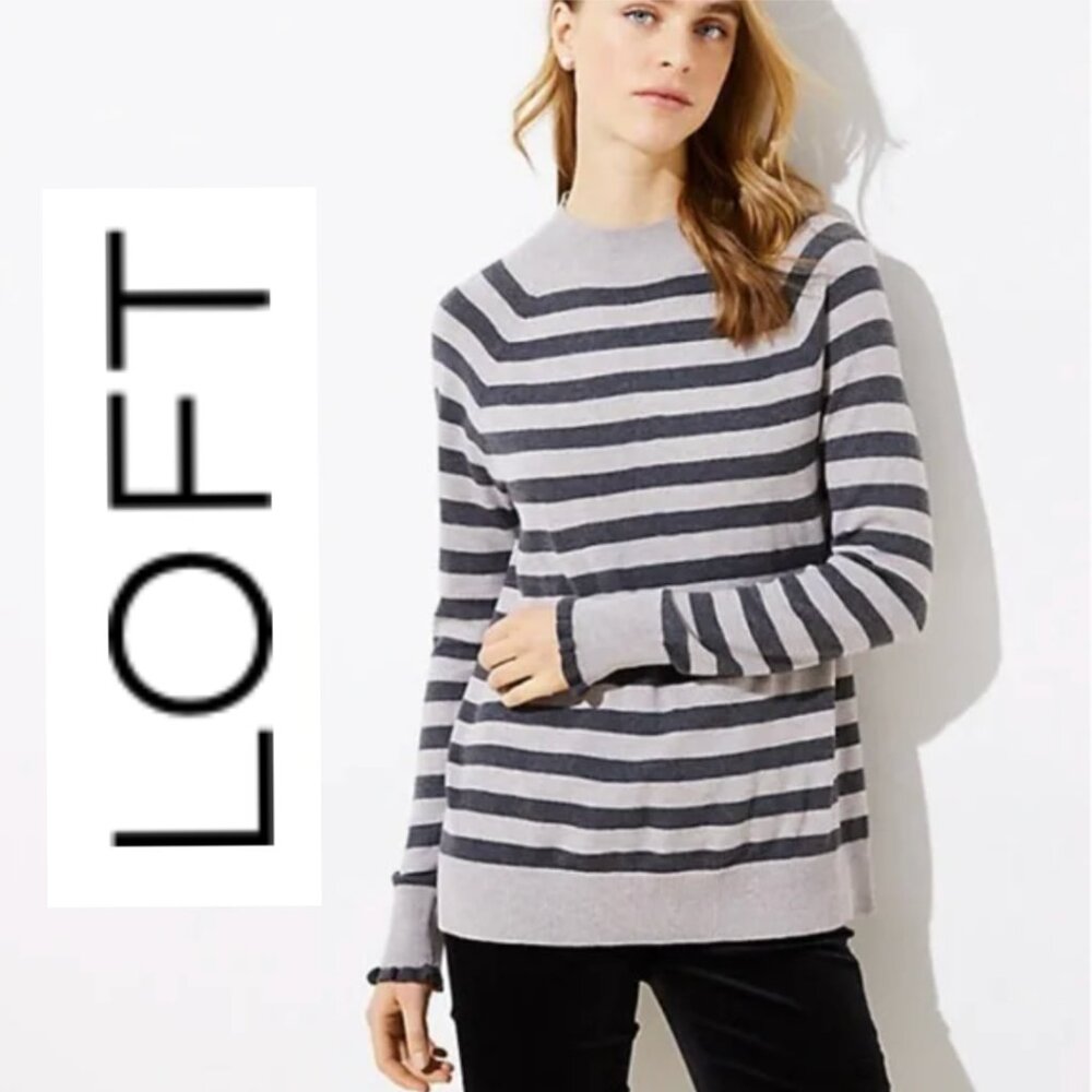 LOFT STRIPED RUFFLE CUFF MOCK NECK SWEATER SX M